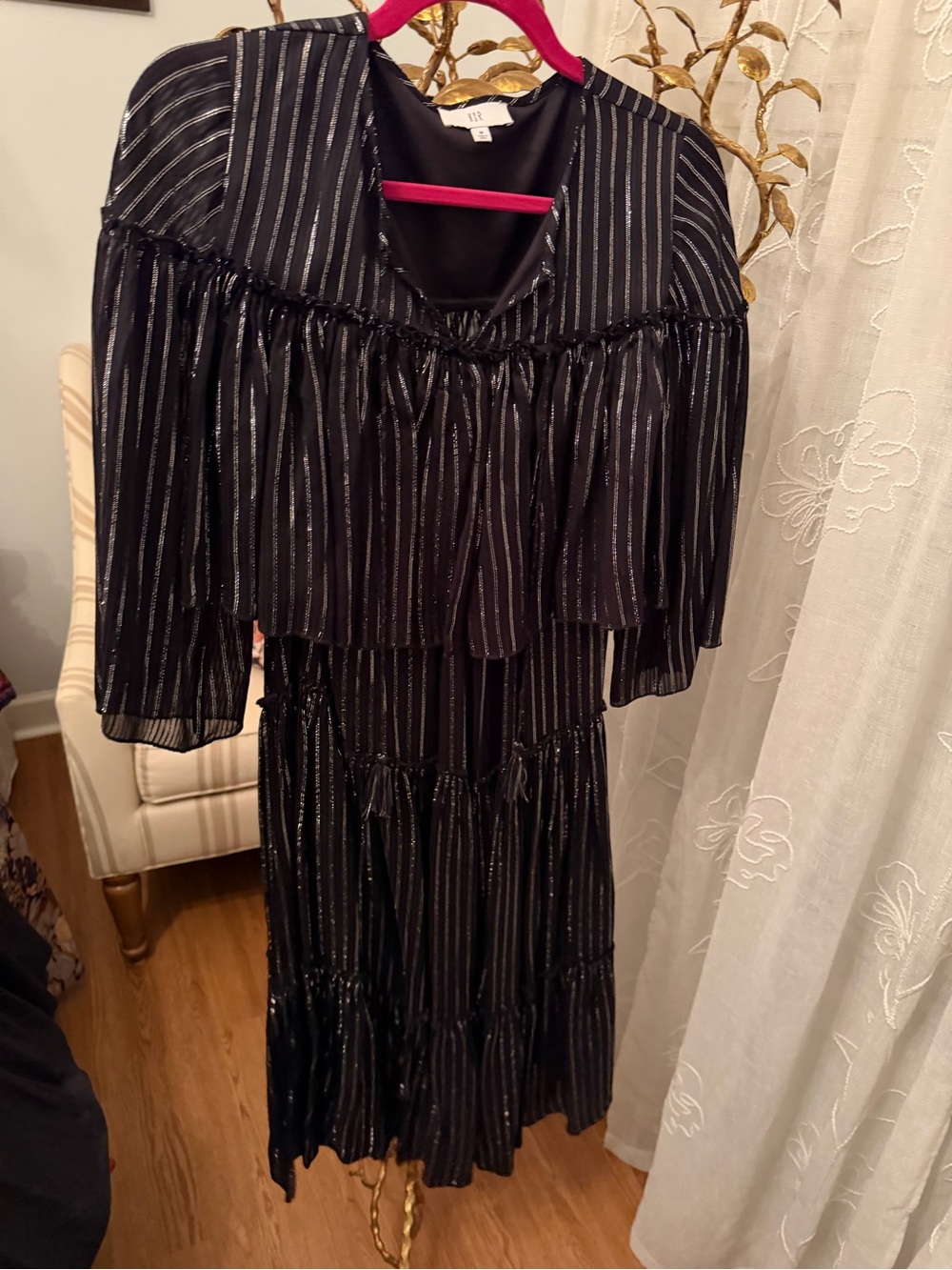 NSR Black Dress with Silver Metallic Stripes, Long Sleeve Tiered Midi